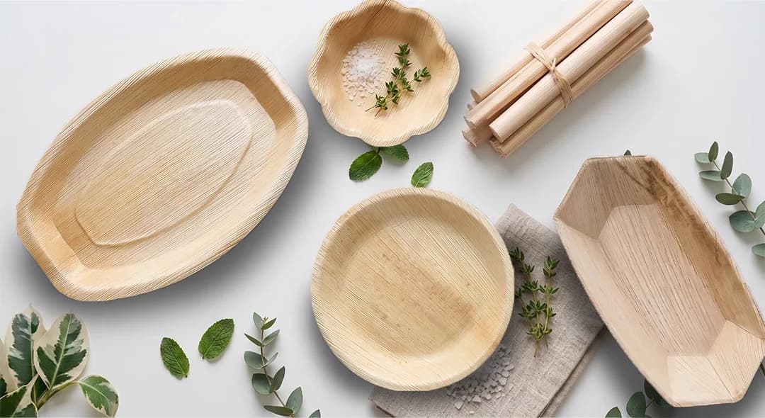Flora Dine areca palm-leaf tableware — oval platter, scalloped bowls and a boat tray styled with fresh herbs